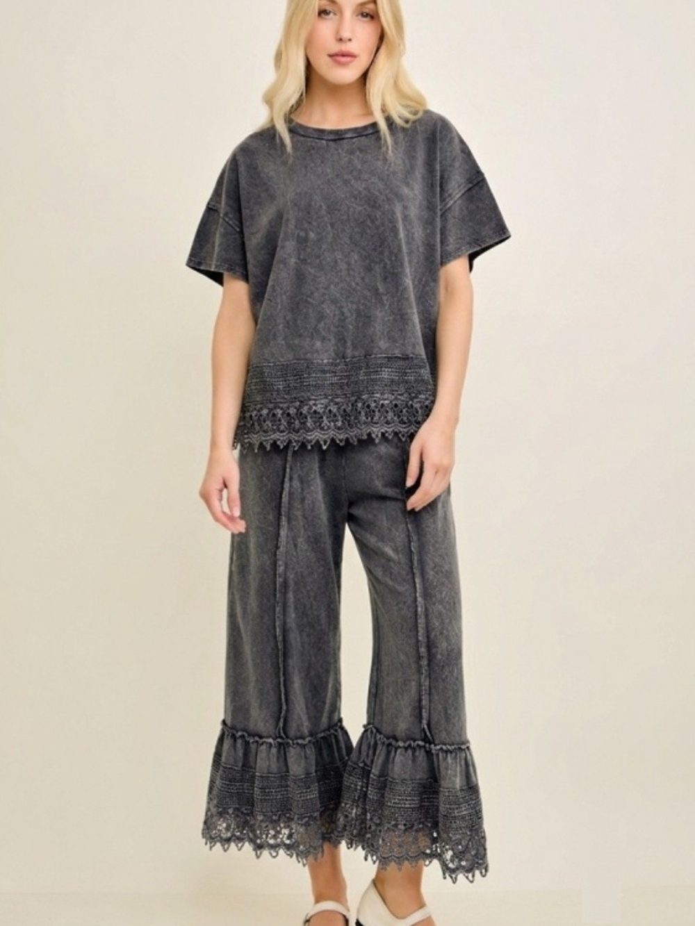 J Her Lace And Crochet Trim Wide Leg Pant Set Mineral Wash Black